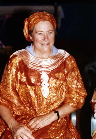 Margaret Symonds wearing dress designed by MU Axim